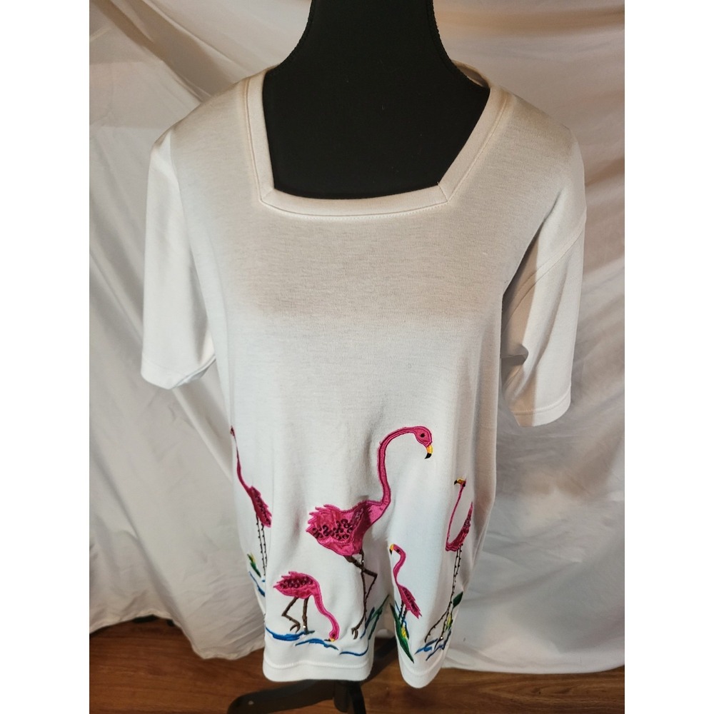 Vintage Victorian Harbour Size M White Flamingo Embroidered Sequin S/S Tee Shirt